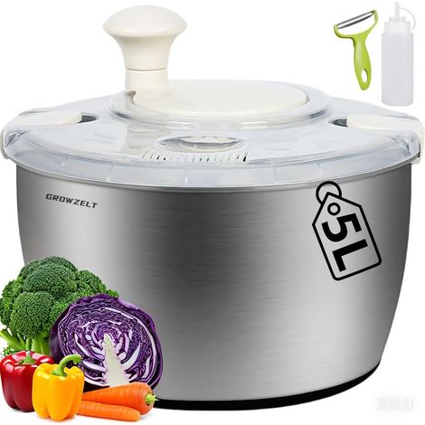 Essoreuse à salade XXL en acier inoxydable de 5 l, avec éplucheur et bouteille compressible – Passe au lave-vaisselle – Essoreuse à salade idéale pour laver et sécher la salade (1/5)