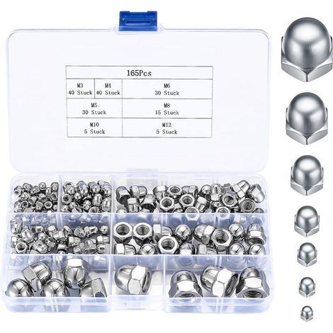 165 Pièces Écrous Borgnes en Acier Inoxydable, Écrous Blocages Hexagonaux à Tête Kit, M3/M4/M5/M6/M8/M10/M12 Assortiment d'écrous Tête Hexagonaux (1/5)
