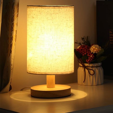 Lampe De Bureau - Base En Bois Massif - Abat-Jour En Lin - Alimentation USB - Pour Chambre À Coucher Bureau Salon - 1 Pièce (1/5)