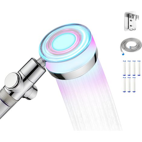LED Duschkopf Hochdruck mit Handbrause, 150 cm Schlauch, PP-Baumwollfilter, Wasserstopp-Taste, Wassersparend