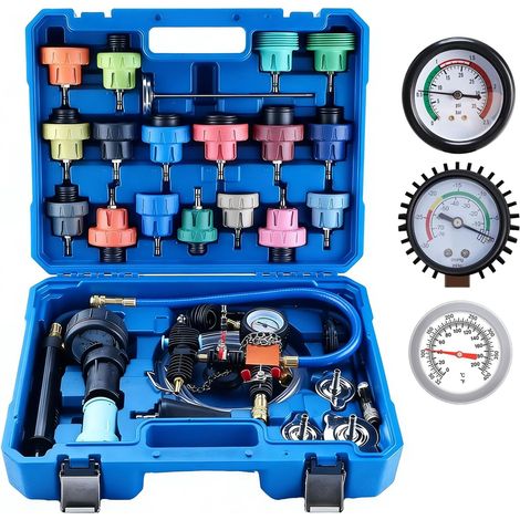 31pcs Cooling System Tester, Radiator Pressure Tester Kit, Universal Leak and Bleeder Testers for Cooling Liquid, Radiator Test with Pump and Adapter (Blue) (1/5)