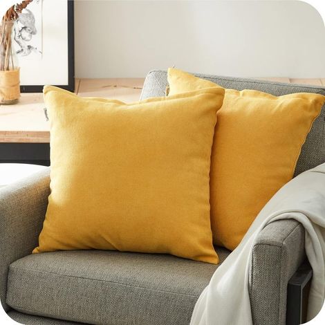 Taie Oreiller 65x65 Lot de 2 Housse Coussin Carré Decoratif Jaune Moutarde pour Gros Coussin Canapé Lit Décoration Chambre Salon Maison Scandinave Uni en Chenille Doux avec Fermeture Elair (1/5)