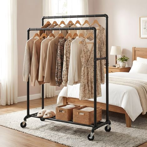 Portant à Vêtements, Structure Métallique, avec Étagère de Rangement et Roulettes, Capacité de Charge de 110 kg, Noir (1/5)