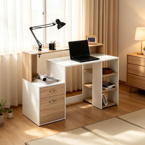 Scrivania multifunzione con cassetti e ripiani aperti, 137 x 55 x 92 cm, rovere e bianco HAVRYA (1/5)