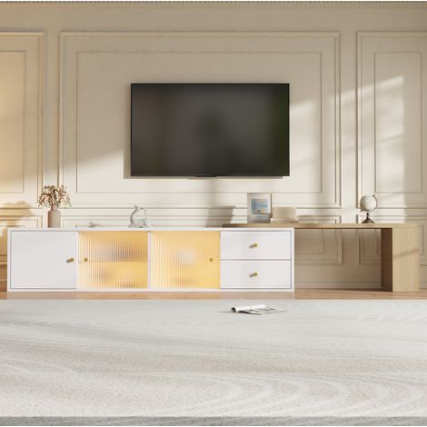 Mueble TV LED extensible (175x40x35.5 cm), con 2 cajones, puertas correderas de vidrio, tablero aglomerado, blanco y natural (1/5)