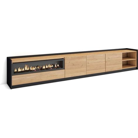 Mueble TV Faraján-02 de 310x50x37 cm con chimenea eléctrica, efecto fuego, color roble y negro (1/4)