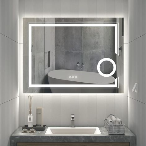 Luvodi – Miroir lumineux de salle de bain 90x70 cm – Éclairage LED anti-buée – Grossissant 3X – Capteur tactile – Aluminium et verre HD (1/5)