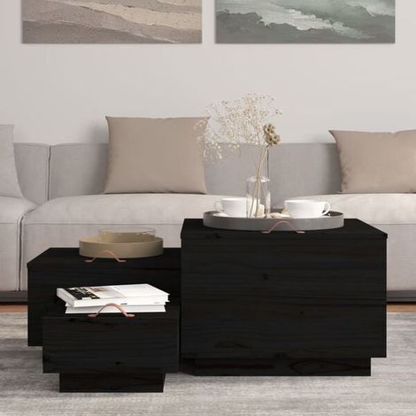 Boîte de Rangement en Bois Massif Pin avec Couvercle - Lot de 3 Boîtes Empilables Noires pour Organisation Maison, Bureau et Étagère (1/5)