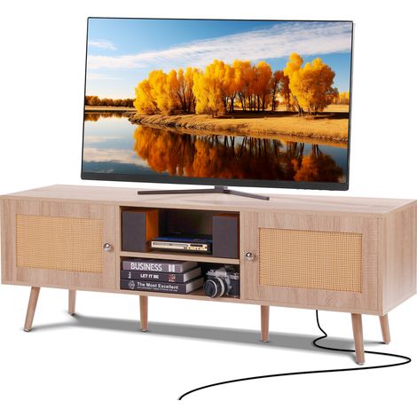 Vevor – Meuble TV en rotin pour téléviseur jusqu'à 65 pouces – Console moderne avec prise intégrée et ports USB – Étagères réglables en chêne