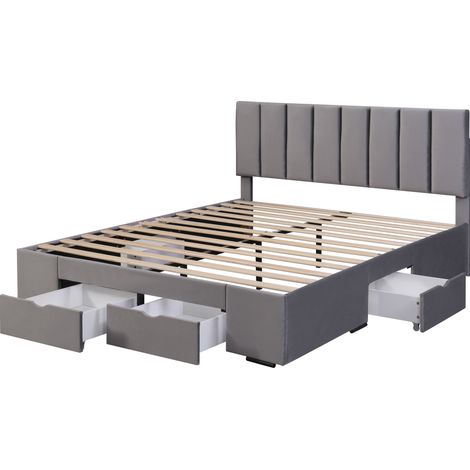 Cama tapizada 160 x 200 cm en terciopelo gris con somier de láminas, cabecero ajustable y 4 cajones (1/5)