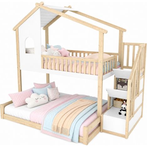 Cama litera infantil 90x200 + 140x200 cm con forma de casita, barandillas de seguridad y escalera con almacenaje, en madera natural y blanca  CHICFURN (1/5)