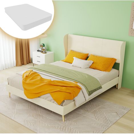 Cama doble 140x200 cm en tejido y metal beige, cabecero tapizado, sin colchón – MEUBLIV (1/5)
