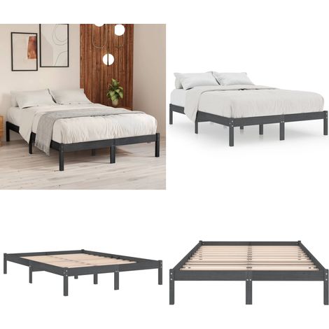 Cadre de lit sans matelas gris bois massif 200x200 cm - Cadre De Lit - Lit Double - Lit En Bois - Bois Massif - Sommier - Home & Living (1/5)
