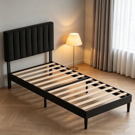 Gepolstertes Einzelbett 90 x 200 cm, schwarz – verstellbares, gepolstertes Kopfteil – Lattenrost mit 12 Massivholzlatten – Bettrahmen aus Holz und Metall (1/5)