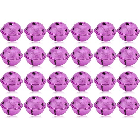 24 cloches de Noël 40mm en fer peint, pentagramme évidé, décoration givrée et porte-clés violet (1/5)