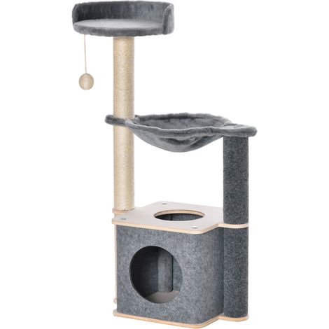 Albero Tiragraffi Multilivello 48x34x95 cm con Casetta e Corde in Sisal Grigio (1/5)