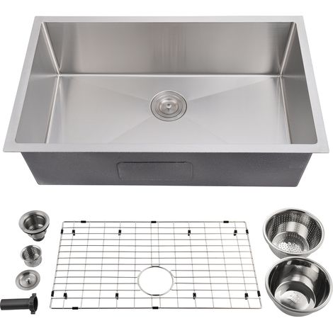 Évier sous plan en acier inoxydable 16G – Cuve distinctif profonde, accessoires : grille, panier-filtre, rack égouttoir, finition brossée, insonorisation – 32x18x10, corps 1,35mm, bord 2,0mm (1/5)
