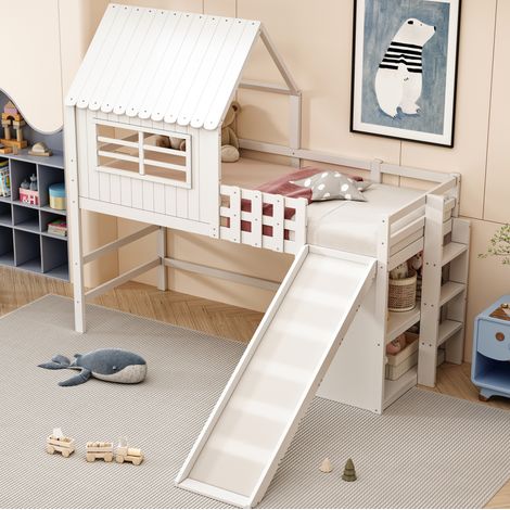 Kinderbett 90x200 cm Weiß aus Massivholz und MDF mit Rutsche, Leiter, Stauraum und Sicherheitsgeländer (1/5)