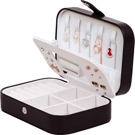 Sollbry Joyero portátil con espejo para collares, pulseras, anillos y pendientes (negro) (1/4)