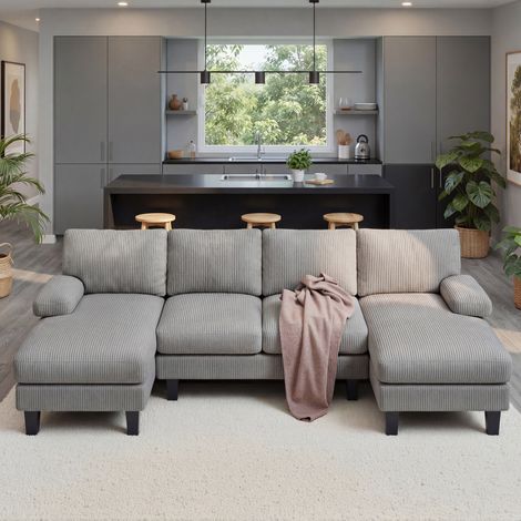 Canapé en U Bealife 4 Places en Velours Côtelé avec 2 Méridiennes 2 Coussins d'accoudoirs et 4 Coussins de Dossier Cadre en Bois et Métal pour Salon 271 x 122 x 86 cm Gris
