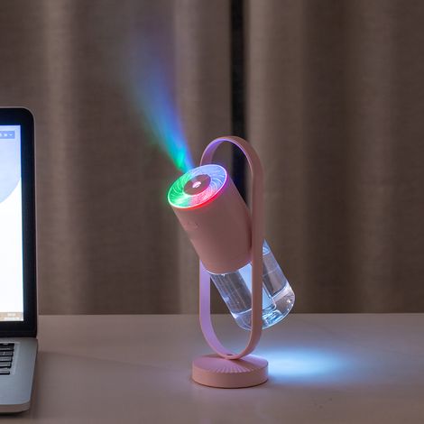 Humidificateur sans fil rotatif à 360° à brume fine, silencieux, rechargeable par USB, avec projecteur intégré pour la maison, la voiture et le bureau (rose). (1/4)