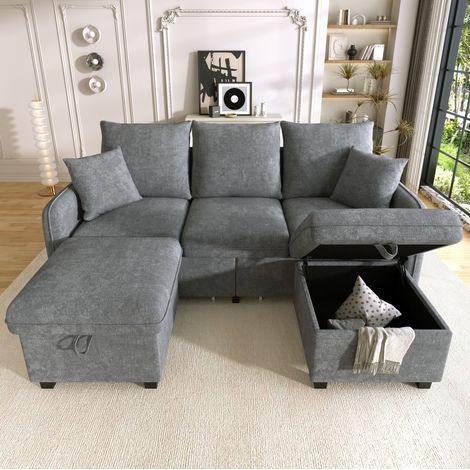 Divano angolare modulare 3 posti grigio scuro in ciniglia con 2 pouf contenitore e funzione letto (1/5)