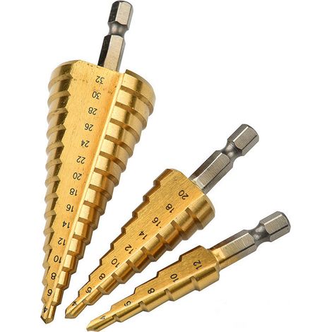 Brocas escalonadas de vástago hexagonal, tamaño 4-32, con recubrimiento de titanio, 3 piezas en una bolsa de tela, para madera, perforación de precisión. (1/5)