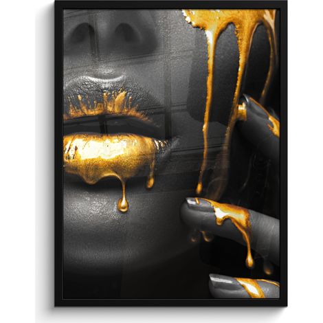PÓSTER ENMARCADO Mujer - Negro - Oro - Cara - Labios Cuadros Decorativos 60x80 (1/5)