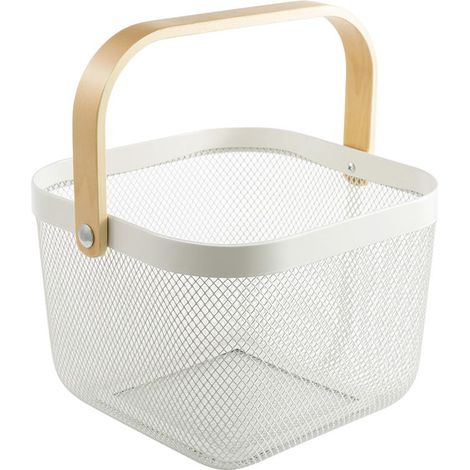 Lot de2 Panier de Rangement Décorative en Treillis Métallique avec Manche en Bois pour Cuisine, Salle de Bain - Blanc, 25 x 25 x 19cm (1/5)