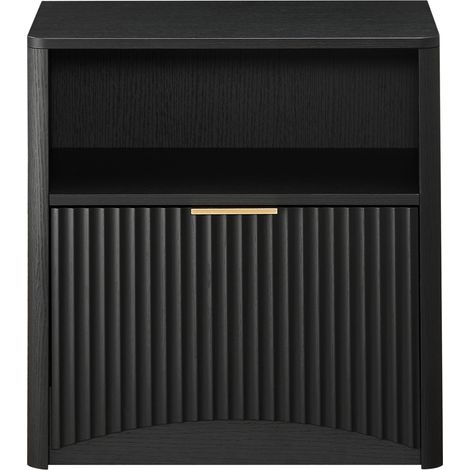 Table de chevet noire avec tiroir ouvert et poignées dorées, gain de place, pour chambre et salon (1/5)