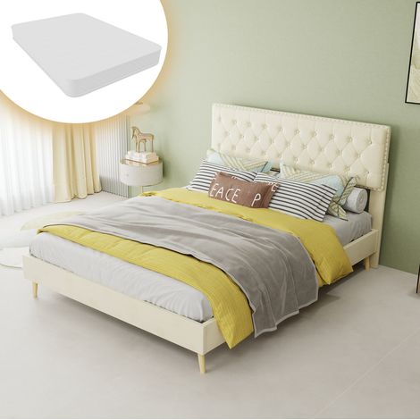 Cama doble (200x140x156 cm), incluye colchón, cabecero acolchado, espacio de almacenamiento, tela y metal beige (1/5)