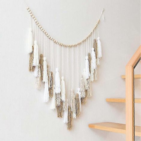 Grande tapisserie murale tissée à pompons, 39 x 43 pouces, style bohème, blanche, beige, kaki, avec pompons et perles en bois. (1/5)