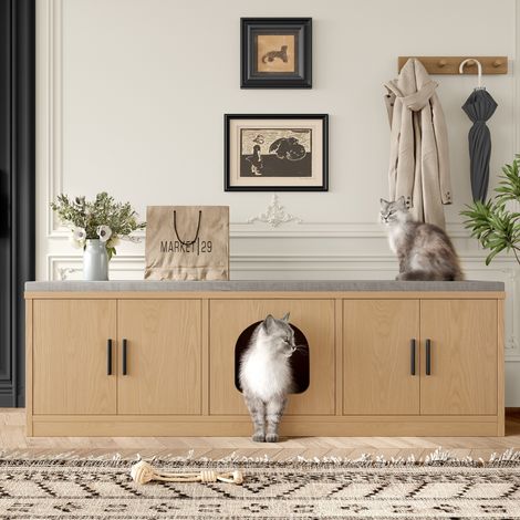 Meuble pour chat multifonction – Cache-litière et abri pour chat, griffoir et ventilation intégrés – Adapté aux couloirs et entrées – 140 x 40 x 45,5 cm (1/5)