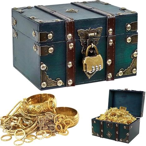 Coffre au Trésor Vintage en Bois avec Serrure, 18x11.5x10.5cm Coffret Enfant avec Serrure à Combinaison, Boîte à Bijoux (1/5)