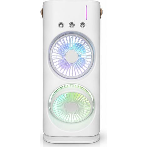 Refroidisseur portable avec double ventilateur, brumisation à l'eau et lumières RVB, mini climatiseur USB de table, ventilateur silencieux avec réservoir d'eau, pour bureau, chambre et maison (1/5)