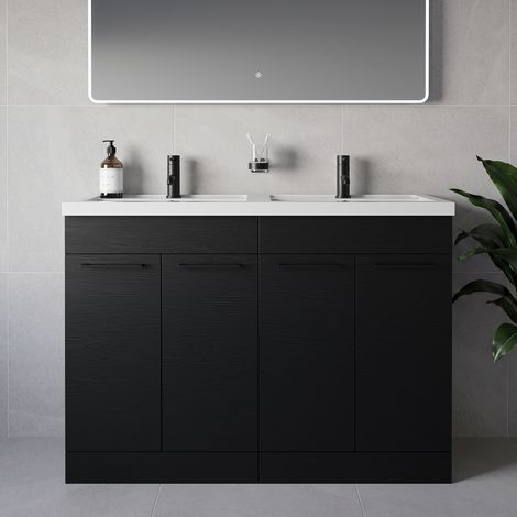 Napoli 390 Nero Oak 1200mm 4 Door Vanity Unit with Double Lucia Basins - 1200mm - Matt Black 160mm Handle
