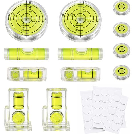 12 Pcs Mini Niveau à Bulle Rond et Carré, petit niveau a bulle, bulles niveau à bulle, horizontaux précis pour photo, trépied et accessoires, avec points adhésifs, haute visibilité, 5 formes, 12 Pcs (1/5)