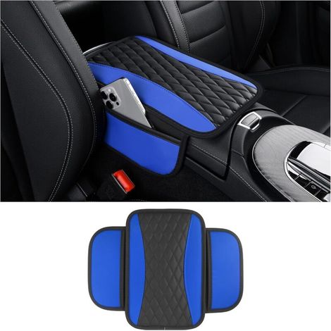 Coussin d'Accoudoir Voiture,Coussin Accoudoir en Microfibre Cuir avec 2 Poches de Rangement Voiture,Accessoire Voiture Interieur Housse Accoudoir Voiture pour La Plupart des Véhicules (Bleu)
