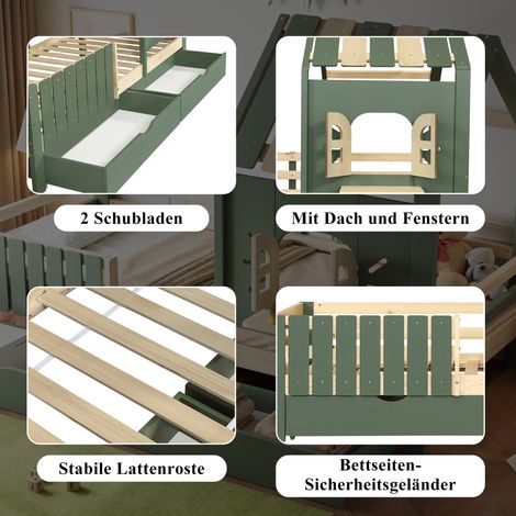 Lit d'enfant, lit en forme de maison avec toit et fenêtre, avec rebord de fenêtre en bois, barrière sur les quatre côtés, avec 2 tiroirs, pin + MDF, 90x200cm, lit cabane enfants, lit enfant (1/5)