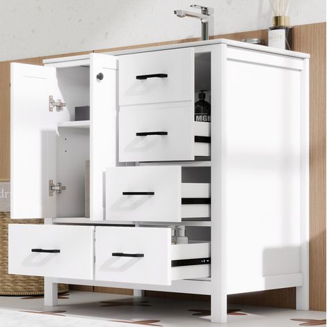 Freistehender Badwaschtisch 76 x 46 x 82 cm Weiß mit Keramikbecken und 4 Schubladen OKWISH (1/5)