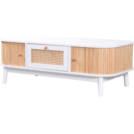 Mesa de centro de MDF blanco y madera con detalles de ratán y puertas correderas (1/5)
