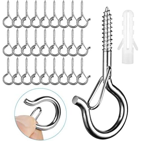 Crochets à Visser, 28Pcs Q-Hanger Piton à Visser, Crochets à Vis Crochet de Plafond avec Boucle de Sécurité pour Plantes Suspendues, Carillons Éoliens, DIY Artisanat Cintres (Argent) (1/4)