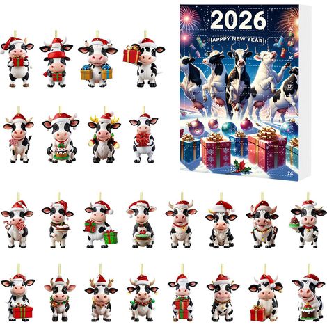 Calendrier de l'Avent de Noël, boîte surprise, chapeau de Noël, vache, ornement acrylique, pendentif sapin de Noël, coffret cadeau A (1/4)