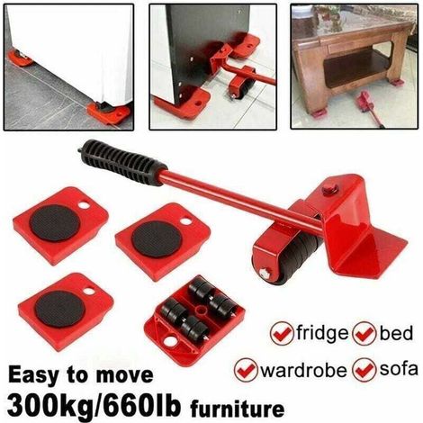 Kit de déplacement de meubles sans effort pour meubles lourds, comprenant un lève-meubles à roulettes, un dispositif de levage, une barre de levage et quatre roues de transport, supportant jusqu'à 300