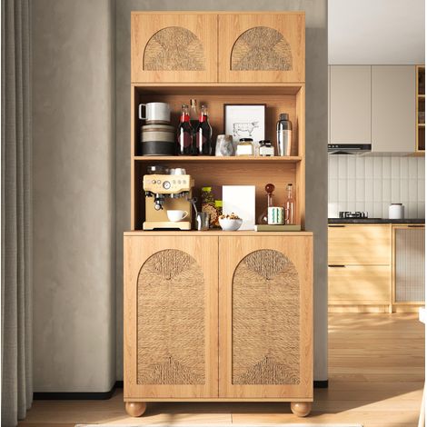 Meuble de rangement haut 80 x 40 x 180 cm avec portes en cannage naturel HAVRYA (1/5)