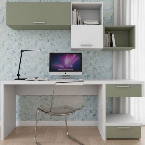 Angolo studio moderno con cassettiera sfalsata per cameretta - Bianco e Salvia (1/5)