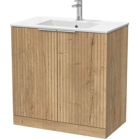 Callingwood Contemporary Floor Standing 2 Door Vanity Unit with Minimalist Ceramic Basin , 800mm, Autumn Oak (1/4)