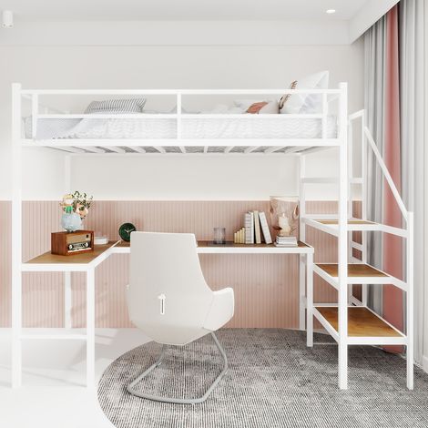 Cama alta de 90 x 200 cm - con escritorio en L, amplio espacio de almacenamiento y estanterías - Hierro - Blanco (1/5)