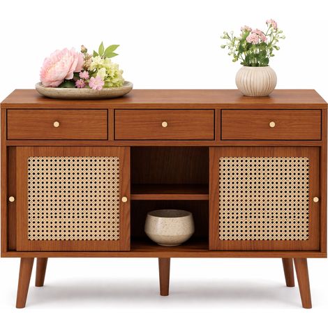 Buffet 3 tiroirs et 3 portes, étagères réglables, style rétro bois foncé, façade effet tressé, structure MDF et métal, 120 x 40 x 78 cm CHICFURN (1/5)
