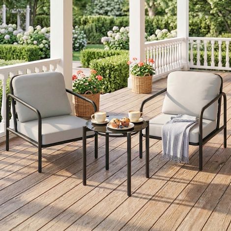 Set de bistrot 3 pièces en acier avec 2 chaises à coussins épais, table basse avec plateau en verre trempé noir (1/5)